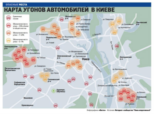 Де в Києві найчастіше викрадають автівки (КАРТА) - фото 1 Де в Києві найчастіше викрадають автівки (КАРТА) - фото 1
