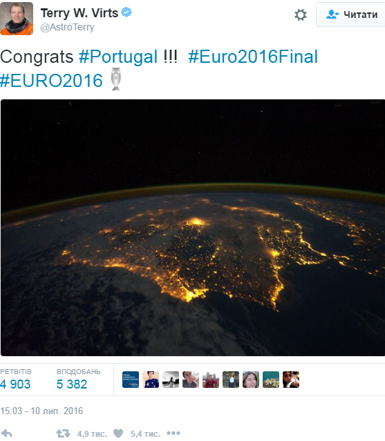 Астронавт NASA виклав фотографію Португалії з космосу на честь перемоги на Євро - фото 1