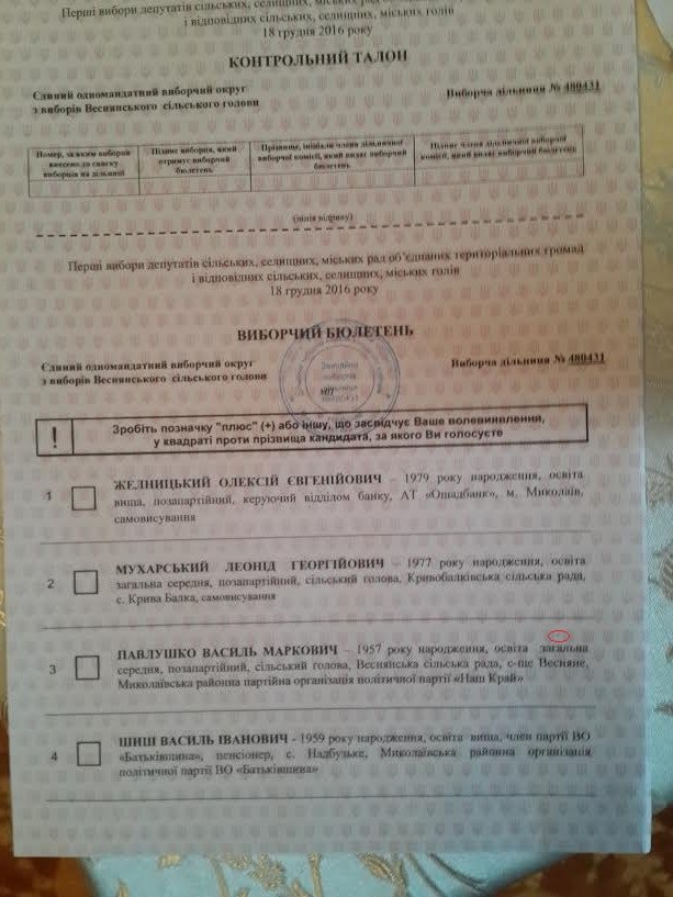 На Миколаївщині, під час виборів ОТГ, в бюлетнях знайшли позначки навпроти прізвища сільського голови - фото 1