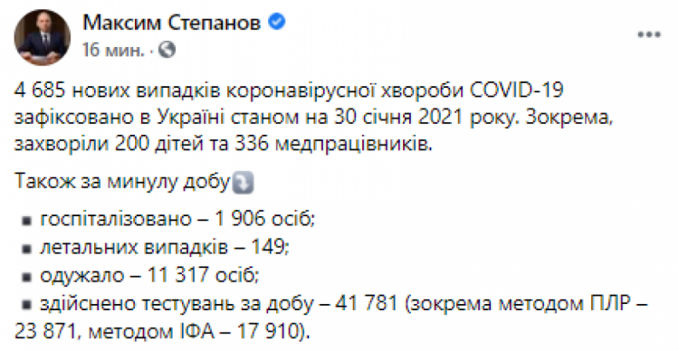 Статистика захворюваності на коронавірус в Україні 30 січня 2021 року