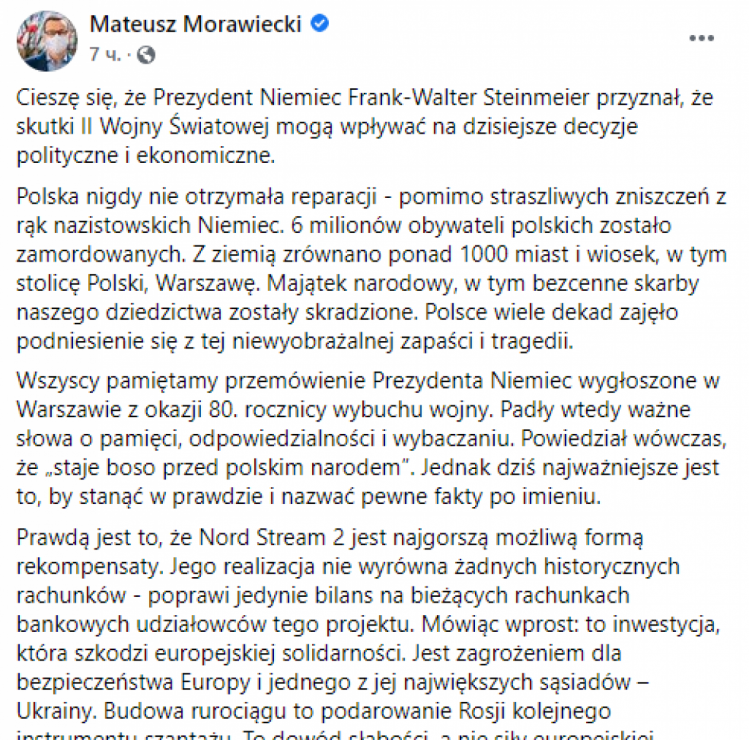 Скріншот допису Моравецького у Facebook