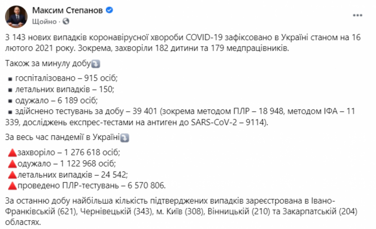 Коронавирус в Украине данные МЗ на 16 февраля