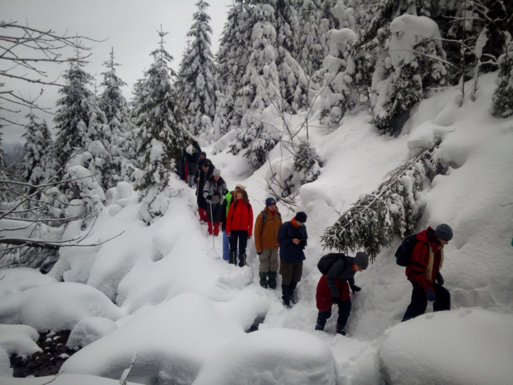 Группа туристов в горах зимой